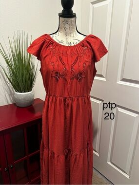 SHEIN Rust Red Embroidered Tiered Maxi Dress